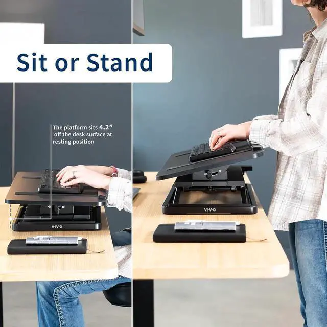 Alt view image 7 of 7 - Single Top 30 inch Tilting Scissors Lift Keyboard and Mouse Riser, Height Adjustable Laptop Desk, for Ergonomic Sit Stand Workstations, Black, Desk-TKR1