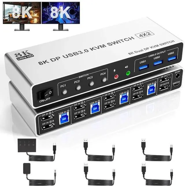 Main image of 8K@60Hz USB3.0 Displayport KVM Switch 2 Monitors 4 Computers, 4 Port DP1.4 Dual Monitor Displayport KVM Switch with Audio, Microphone and 3 USB3.0, Dual Monitors Displayport KVM Switch for 4PCs