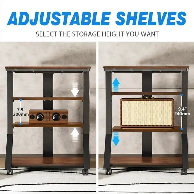 Alt view image 2 of 7 - 4-Tier AV Media Stand with Wheels, Mobile Rack Audio Tower with Height Adjust Shelves, Wooden Stereo Racks and Stands, Stereo Stand for Record Player, TV Box, Corner Entertainment Center