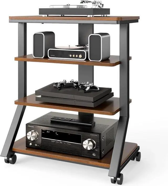 Main image of 4-Tier AV Media Stand with Wheels, Mobile Rack Audio Tower with Height Adjust Shelves, Wooden Stereo Racks and Stands, Stereo Stand for Record Player, TV Box, Corner Entertainment Center