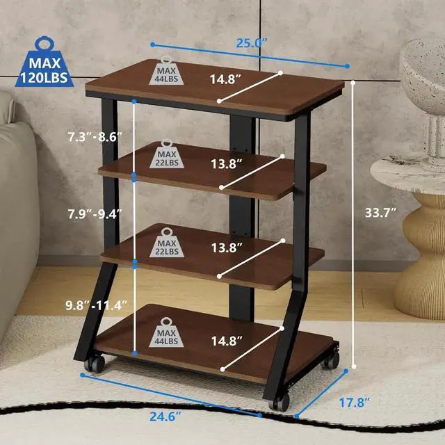Alt view image 4 of 7 - 4-Tier AV Media Stand with Wheels, Mobile Rack Audio Tower with Height Adjust Shelves, Wooden Stereo Racks and Stands, Stereo Stand for Record Player, TV Box, Corner Entertainment Center