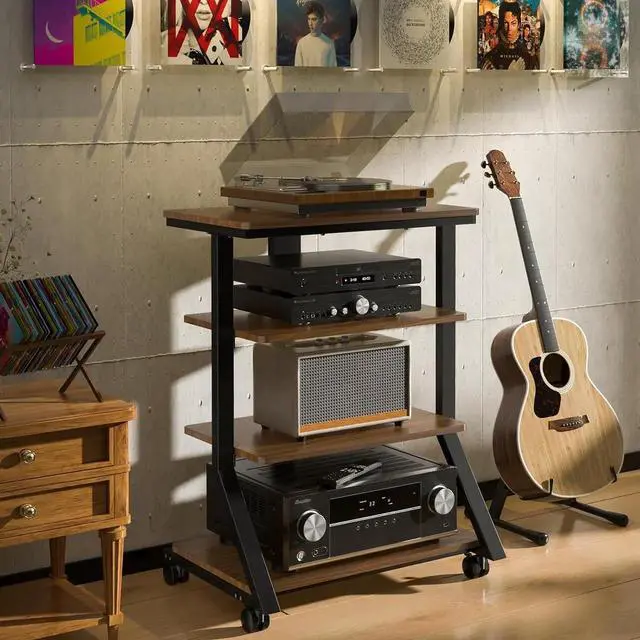 Alt view image 7 of 7 - 4-Tier AV Media Stand with Wheels, Mobile Rack Audio Tower with Height Adjust Shelves, Wooden Stereo Racks and Stands, Stereo Stand for Record Player, TV Box, Corner Entertainment Center
