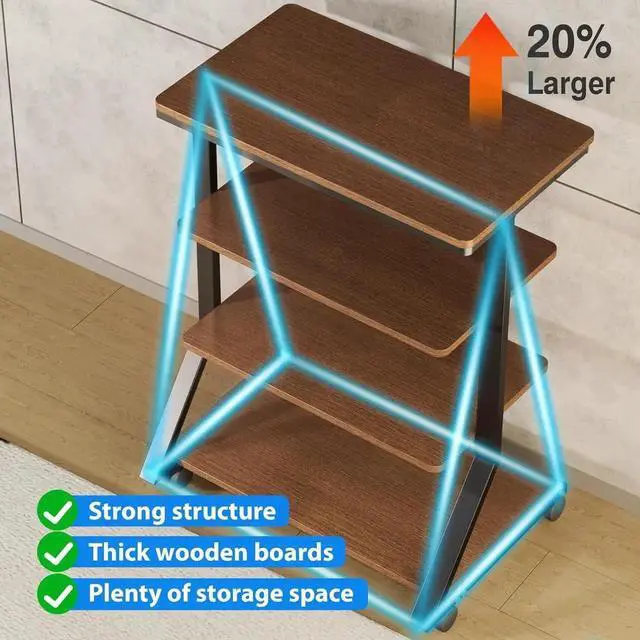 Alt view image 3 of 7 - 4-Tier AV Media Stand with Wheels, Mobile Rack Audio Tower with Height Adjust Shelves, Wooden Stereo Racks and Stands, Stereo Stand for Record Player, TV Box, Corner Entertainment Center