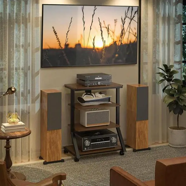 Alt view image 6 of 7 - 4-Tier AV Media Stand with Wheels, Mobile Rack Audio Tower with Height Adjust Shelves, Wooden Stereo Racks and Stands, Stereo Stand for Record Player, TV Box, Corner Entertainment Center