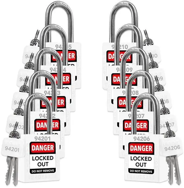 Main image of Lockout Tagout Locks Set - 10 White Loto Locks, Keyed Different Lock Out Tag Out Padlocks, 2 Keys Per Lock, OSHA Coliant Lockout Locks