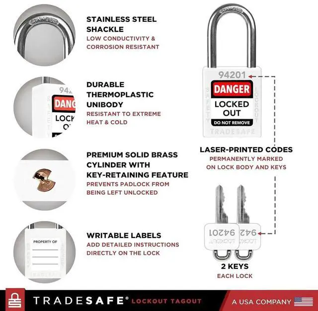 Alt view image 2 of 7 - Lockout Tagout Locks Set - 10 White Loto Locks, Keyed Different Lock Out Tag Out Padlocks, 2 Keys Per Lock, OSHA Coliant Lockout Locks