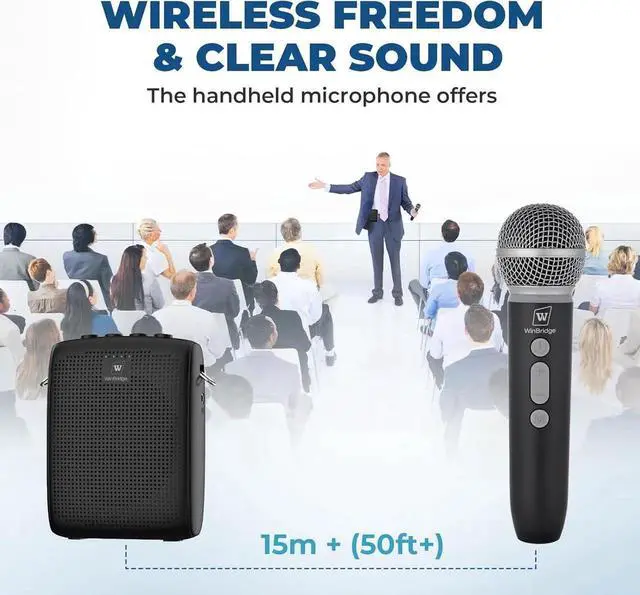 Alt view image 3 of 7 - WinBridge Wireless Voice Amplifier with Microphone for Teachers, Portable PA System with Bluetooth Handheld Mic, Portable Speaker Mic Set, Cardioid Pickup for Classroom, Outdoor, Public Speaking WB009