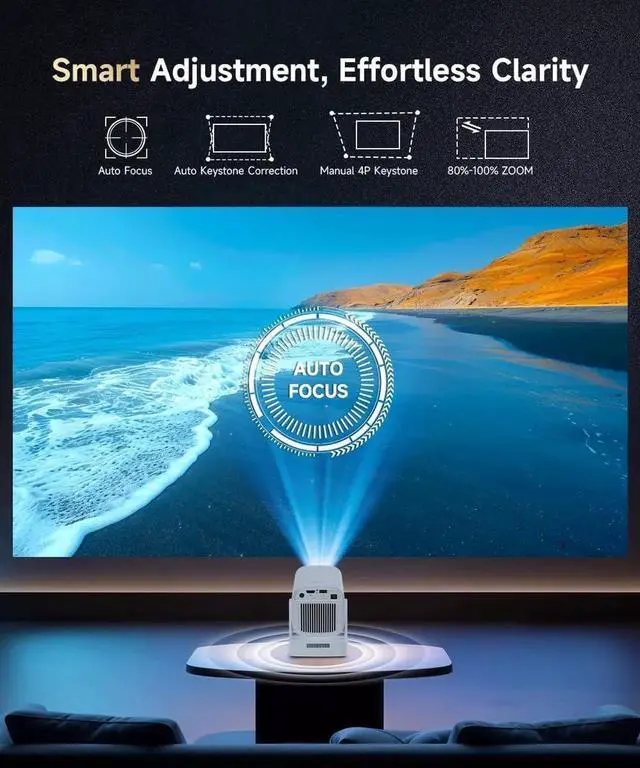 Alt view image 2 of 7 - Auto Focus&1080P Mini Smart Projector with 4K Support, Portable Wifi and Bluetooth, 5W Speaker, Built in Apps, Voice Control, Outdoor Movie White -