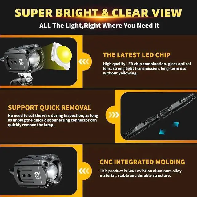 Alt view image 6 of 6 - Motorcycle Auxiliary LED Light Kit Driving Spotlights White/Amber Fog Light with Mount Brackets Wire Harness Waterproof 60W Offroad Work Lights Compatible with Motorcycle J-eep Car Truck (Black)