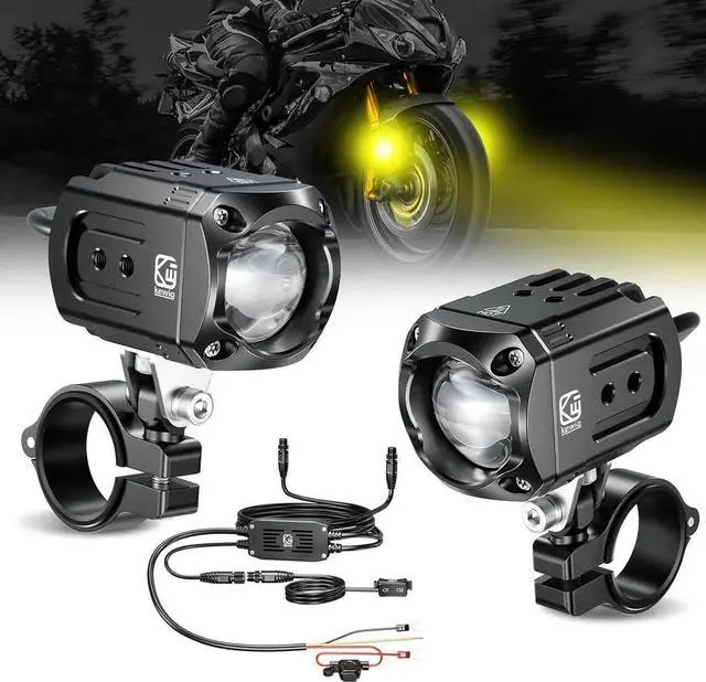Main image of Motorcycle Auxiliary LED Light Kit Driving Spotlights White/Amber Fog Light with Mount Brackets Wire Harness Waterproof 60W Offroad Work Lights Compatible with Motorcycle J-eep Car Truck (Black)