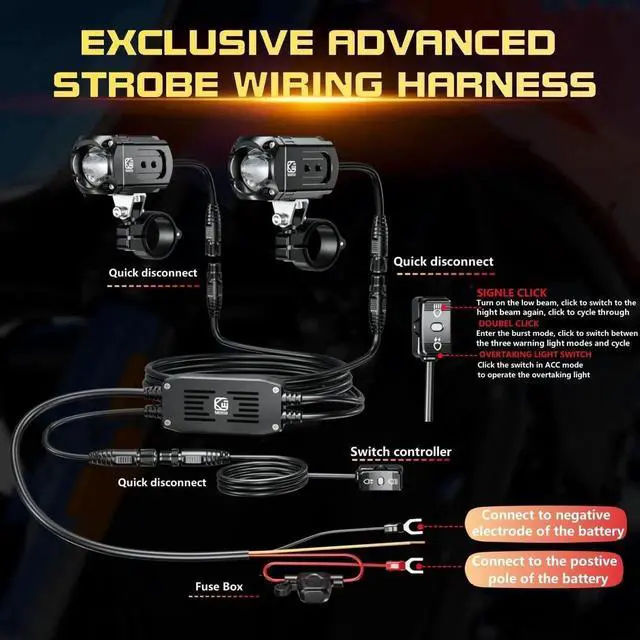 Alt view image 4 of 6 - Motorcycle Auxiliary LED Light Kit Driving Spotlights White/Amber Fog Light with Mount Brackets Wire Harness Waterproof 60W Offroad Work Lights Compatible with Motorcycle J-eep Car Truck (Black)