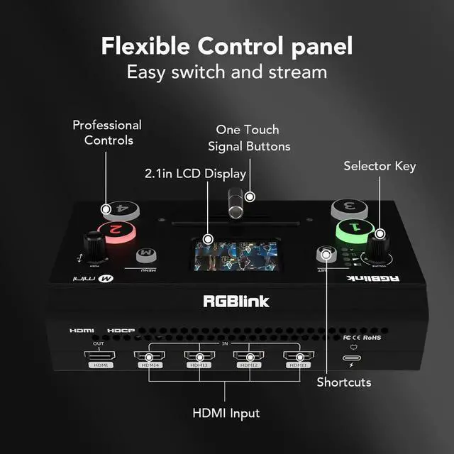 Alt view image 5 of 6 - Mini Video Mixer Switcher with 4 x HDMI Inputs 2K Input/Output Real Time Live Streaming, Support Output 6 Pictures PVW and PGM, for Facebook, YouTube, Instagram, Tiktok, RTMPS