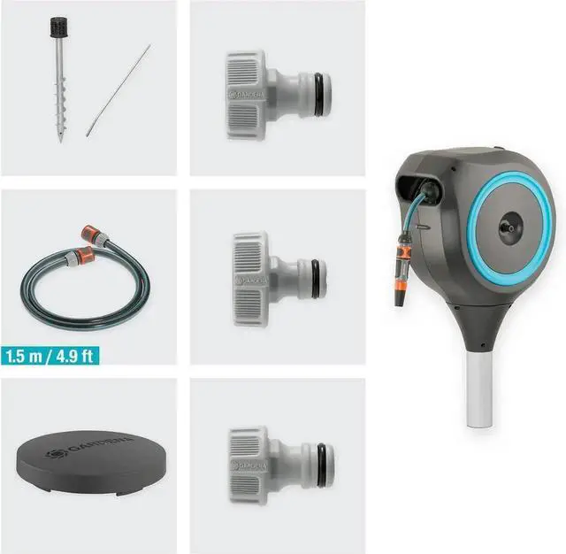 Alt view image 3 of 7 - 18614-80 | 66' x 1/2" Automatic Retractable Garden Hose Reel on Metal Spike, Outside with 360° swivel Rotation to Reach All Areas of Your Yard. Relocate Easily Turquoise 66 ft