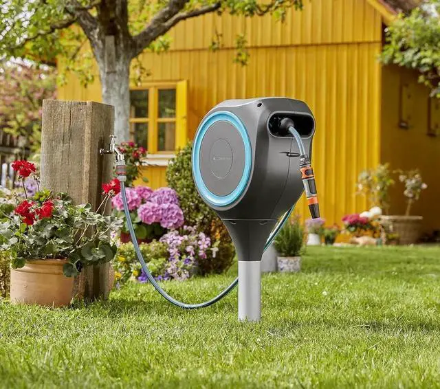 Alt view image 6 of 7 - 18614-80 | 66' x 1/2" Automatic Retractable Garden Hose Reel on Metal Spike, Outside with 360° swivel Rotation to Reach All Areas of Your Yard. Relocate Easily Turquoise 66 ft