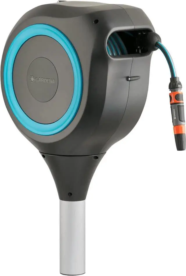 Main image of 18614-80 | 66' x 1/2" Automatic Retractable Garden Hose Reel on Metal Spike, Outside with 360° swivel Rotation to Reach All Areas of Your Yard. Relocate Easily Turquoise 66 ft