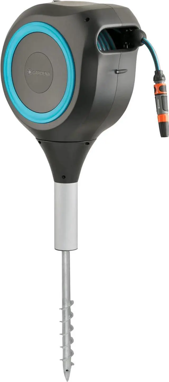 Alt view image 7 of 7 - 18614-80 | 66' x 1/2" Automatic Retractable Garden Hose Reel on Metal Spike, Outside with 360° swivel Rotation to Reach All Areas of Your Yard. Relocate Easily Turquoise 66 ft