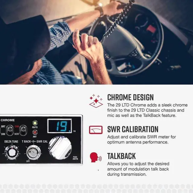 Alt view image 6 of 6 - 29 LTD Chrome AM/FM Professional CB Radio - Easy to Operate, Emergency Radio, Instant Channel 9, 4-Watt Output, Full 40 Channels, Adjust Receiver and SWR Calibration, Chrome