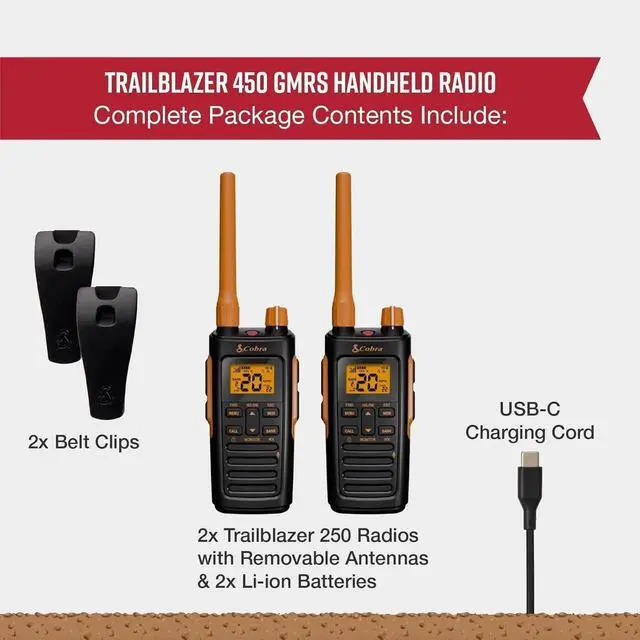 Alt view image 3 of 7 - Trailblazer 450 GMRS Radio (2-Pack) IP54 Weather Resistant, 16hr Battery, 2.5W Long Range Walkie Talkies, Large LCD Display, NOAA, Programmable Software, Removable Antenna, Repeater Capable