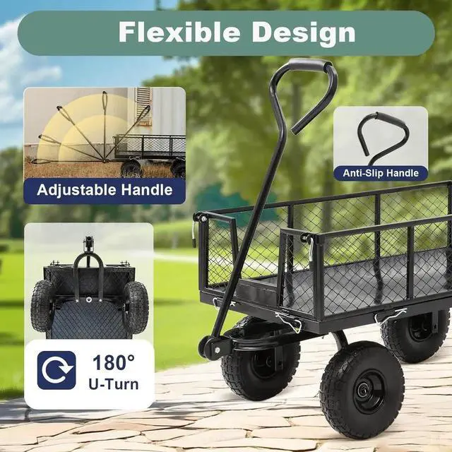 Alt view image 7 of 7 - Garden Wagon Cart Heavy Duty 900 LBS Steel Utility Cart with All-Terrains 3.50-4" Solid Wheels 10" Tires, 180° Rotating Handle, Removable Sides, Laser-Welded Frame & Multi-Surface