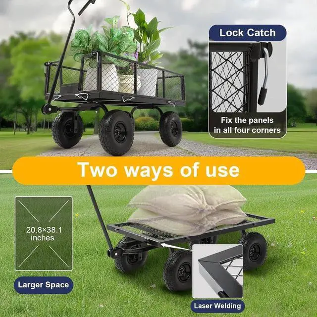 Alt view image 6 of 7 - Garden Wagon Cart Heavy Duty 900 LBS Steel Utility Cart with All-Terrains 3.50-4" Solid Wheels 10" Tires, 180° Rotating Handle, Removable Sides, Laser-Welded Frame & Multi-Surface