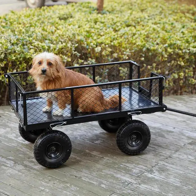 Alt view image 5 of 7 - Garden Wagon Cart Heavy Duty 900 LBS Steel Utility Cart with All-Terrains 3.50-4" Solid Wheels 10" Tires, 180° Rotating Handle, Removable Sides, Laser-Welded Frame & Multi-Surface