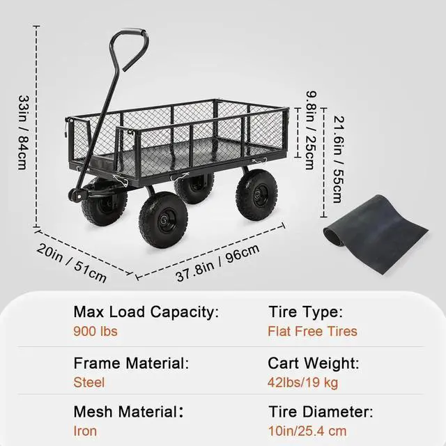 Alt view image 4 of 7 - Garden Wagon Cart Heavy Duty 900 LBS Steel Utility Cart with All-Terrains 3.50-4" Solid Wheels 10" Tires, 180° Rotating Handle, Removable Sides, Laser-Welded Frame & Multi-Surface