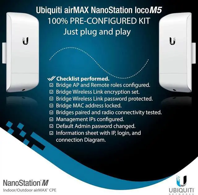 Alt view image 5 of 7 - Wireless Bridge Ubiquiti LOCOM5 PRE-CONFIGURED, Bundle of 2 Ubiquiti Nanostation LOCO M5, Point to Point Outdoor WiFi Bridge, Plugh and Play, 5GHz, 150+Mbps, 10+km Link Range, Network Bridge.