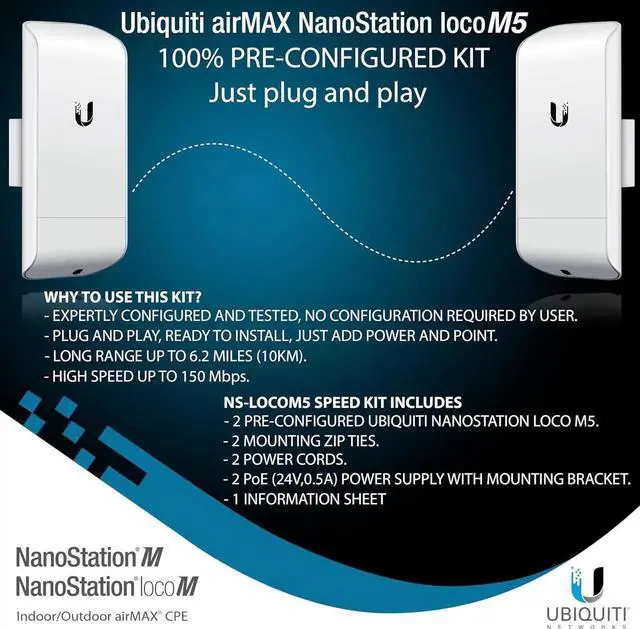 Main image of Wireless Bridge Ubiquiti LOCOM5 PRE-CONFIGURED, Bundle of 2 Ubiquiti Nanostation LOCO M5, Point to Point Outdoor WiFi Bridge, Plugh and Play, 5GHz, 150+Mbps, 10+km Link Range, Network Bridge.