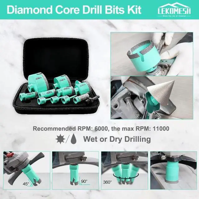 Alt view image 5 of 6 - Tile Hole Saw Kit - (6/6/8/20/25/35/50/75/100mm+20mm Finger Bit+50mm Chamfer Bit+SDS Adapter) Diamond Tile Drill Bits for Porcelain Ceramic Marble Brick Concrete,5/8"-11 Thread