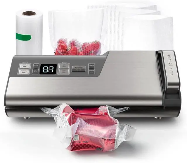 Main image of Vacuum Sealer Machine, 95kPa 140W One Hand Operation Food Sealer, Double Seal Strip with Build-in Cutter & Countdown Display, 2 Bag Rolls, 5PCS Pre-cut Bags