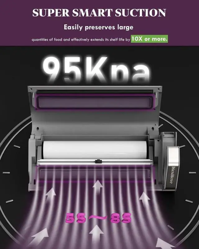 Alt view image 6 of 7 - Vacuum Sealer Machine, 95kPa 140W One Hand Operation Food Sealer, Double Seal Strip with Build-in Cutter & Countdown Display, 2 Bag Rolls, 5PCS Pre-cut Bags