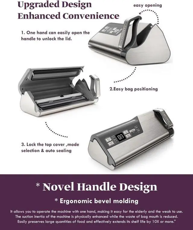 Alt view image 2 of 7 - Vacuum Sealer Machine, 95kPa 140W One Hand Operation Food Sealer, Double Seal Strip with Build-in Cutter & Countdown Display, 2 Bag Rolls, 5PCS Pre-cut Bags