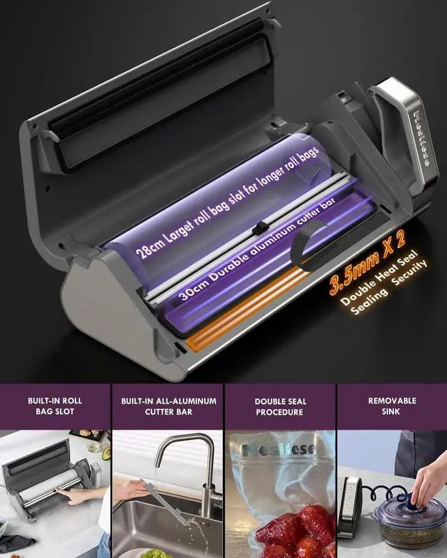 Alt view image 3 of 7 - Vacuum Sealer Machine, 95kPa 140W One Hand Operation Food Sealer, Double Seal Strip with Build-in Cutter & Countdown Display, 2 Bag Rolls, 5PCS Pre-cut Bags
