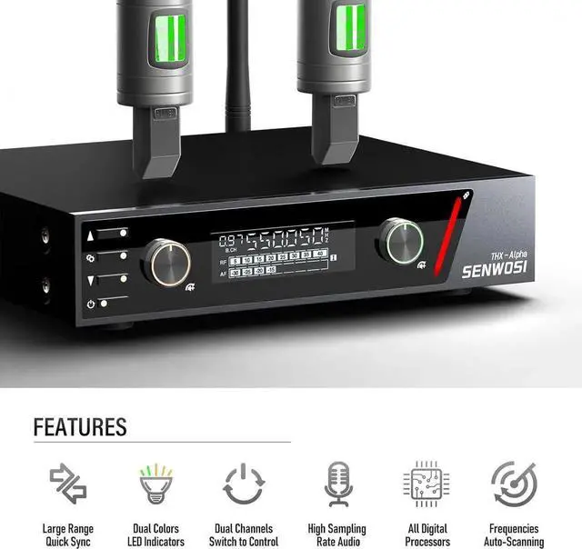 Alt view image 7 of 7 - Dual-Channel UHF Wireless Microphone System with Auto Scan & IR Sync 200 Channels, 400ft Range, Cardioid Mics, Metal Body, LCD Display for Live Events, Recording, Stage Performances