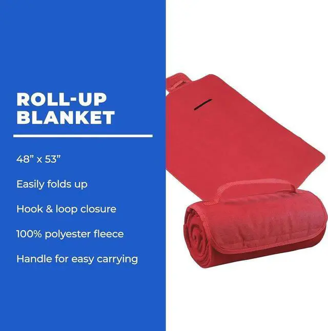 Alt view image 3 of 5 - 25 Ct of Roll-Up Blankets for Camping, Travel, Outdoors, Beach, Picnics Red Hook + Loop Closure for Easy Use in Cars & on Airplanes Customizable for Promotions & Events
