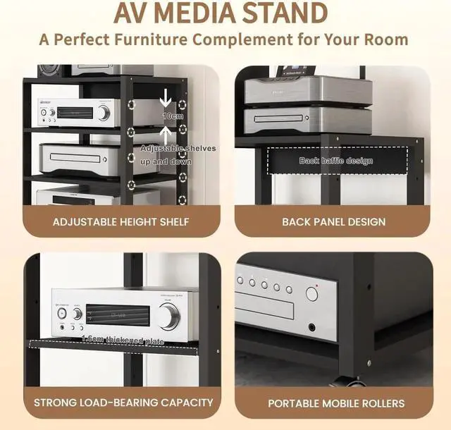 Alt view image 2 of 7 - 4 Tier AV Media Stand, Audio Rack Tower Stereo Components Cabinet, Home Theatre CD Record Player Stereo Receiver Equipment Rack with Adjust Wood Shelves, Load 220lbs (Black 1,4 Tier)
