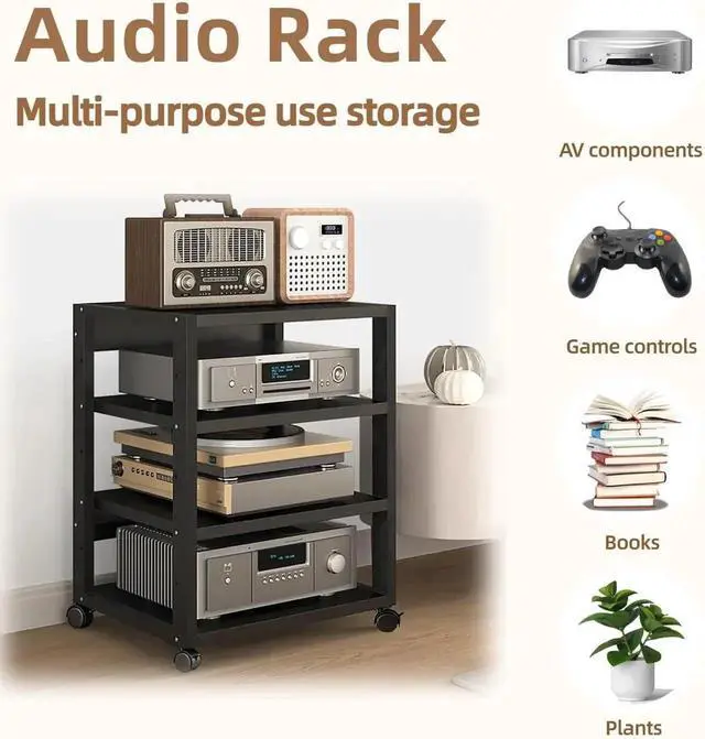 Alt view image 7 of 7 - 4 Tier AV Media Stand, Audio Rack Tower Stereo Components Cabinet, Home Theatre CD Record Player Stereo Receiver Equipment Rack with Adjust Wood Shelves, Load 220lbs (Black 1,4 Tier)