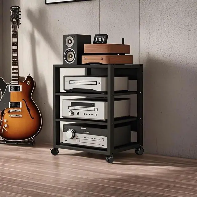 Alt view image 5 of 7 - 4 Tier AV Media Stand, Audio Rack Tower Stereo Components Cabinet, Home Theatre CD Record Player Stereo Receiver Equipment Rack with Adjust Wood Shelves, Load 220lbs (Black 1,4 Tier)