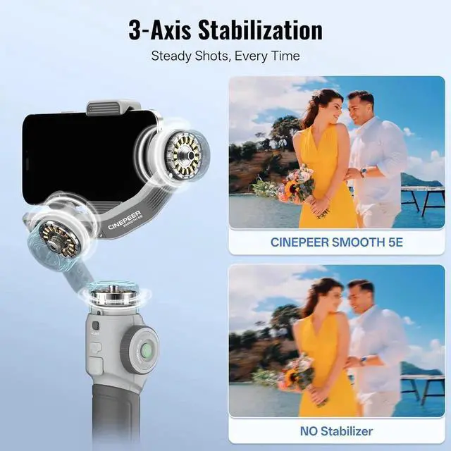 Alt view image 4 of 7 - CINEPEER Smooth 5E Combo Gimbal Stabilizer for iPhone, Android, Built-in Fill Light, Tripod, 3-Axis 300g Payload Phone Gimbal, Gesture Control, Vlogging Stabilizer for YouTube, TikTok