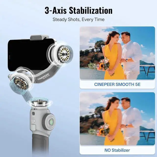 Alt view image 6 of 7 - CINEPEER Smooth 5E Combo Gimbal Stabilizer for iPhone, Android, Built-in Fill Light, Tripod, 3-Axis 300g Payload Phone Gimbal, Gesture Control, Vlogging YouTube, TikTok