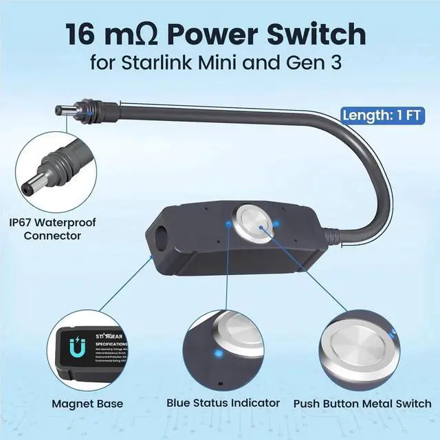 Alt view image 5 of 7 - Power Switch for Starlink Mini/Gen 3 Cable, 16m IP67 Waterproof with Magnetic Base Outdoor Switch, 16AWG 1FT Extension Cable & Power Adapter with One-Touch Metal Button & Dual LEDs for RV Camping