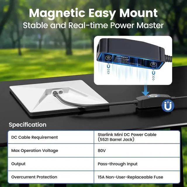 Alt view image 4 of 7 - Power Switch for Starlink Mini/Gen 3 Cable, 16m IP67 Waterproof with Magnetic Base Outdoor Switch, 16AWG 1FT Extension Cable & Power Adapter with One-Touch Metal Button & Dual LEDs for RV Camping