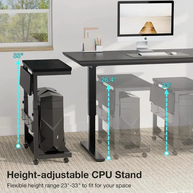 Alt view image 6 of 7 - Height Adjust Computer Tower Stand, 2-Tier PC Stand CPU Holder Under Desk Gaming Case C w/Rolling Wheels & Mouse Pad, Folding End T Mobile Laptop Desk