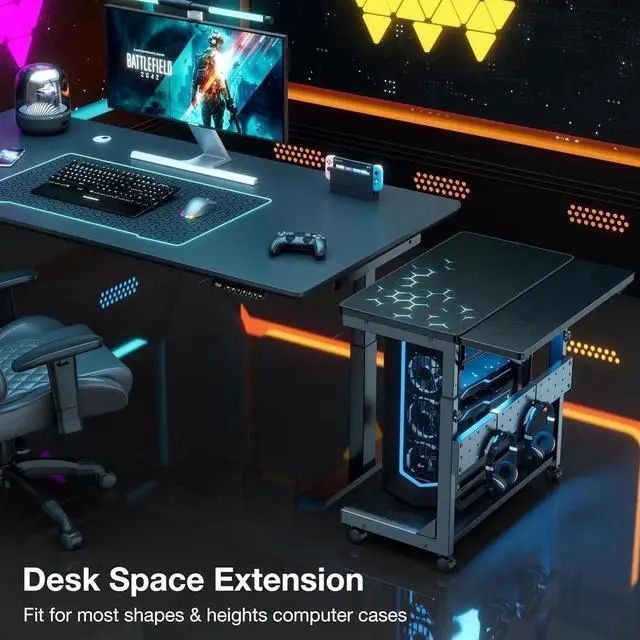 Alt view image 5 of 7 - Height Adjust Computer Tower Stand, 2-Tier PC Stand CPU Holder Under Desk Gaming Case C w/Rolling Wheels & Mouse Pad, Folding End T Mobile Laptop Desk