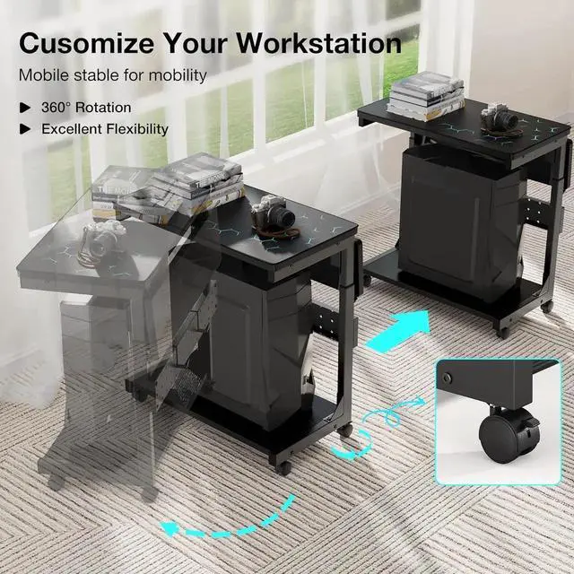 Alt view image 4 of 7 - Height Adjust Computer Tower Stand, 2-Tier PC Stand CPU Holder Under Desk Gaming Case C w/Rolling Wheels & Mouse Pad, Folding End T Mobile Laptop Desk