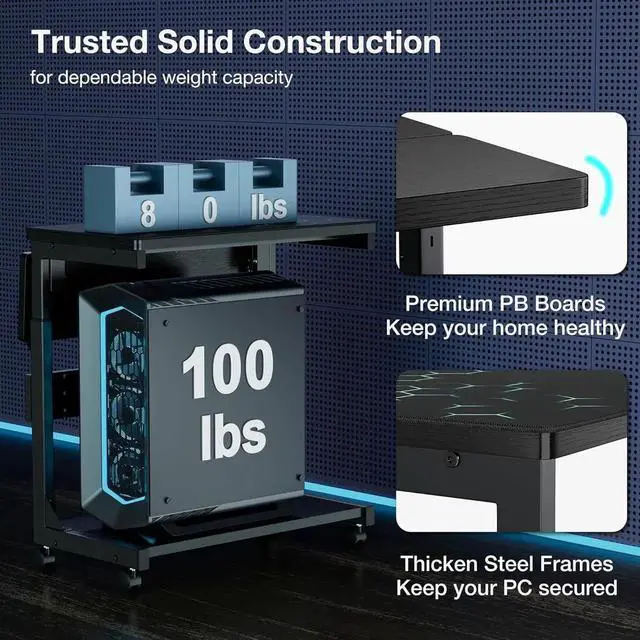 Alt view image 7 of 7 - Height Adjust Computer Tower Stand, 2-Tier PC Stand CPU Holder Under Desk Gaming Case C w/Rolling Wheels & Mouse Pad, Folding End T Mobile Laptop Desk