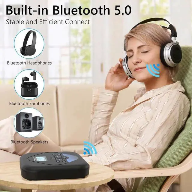 Alt view image 3 of 7 - CD Player Portable,Bluetooth CD Player with Speakers,Rechargeable Player for Car and Home,Small Anti-Skip Player with Dual Headphone Jacks,WAV/FLAC/MP3/CD Compatible