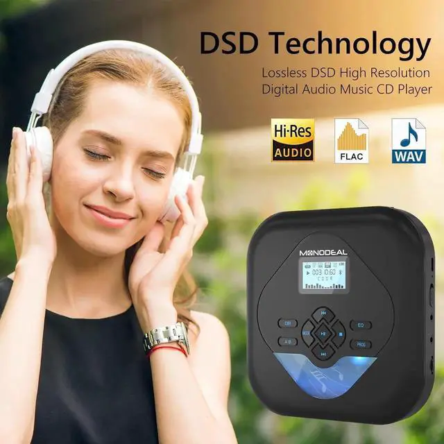 Alt view image 2 of 7 - CD Player Portable,Bluetooth CD Player with Speakers,Rechargeable Player for Car and Home,Small Anti-Skip Player with Dual Headphone Jacks,WAV/FLAC/MP3/CD Compatible