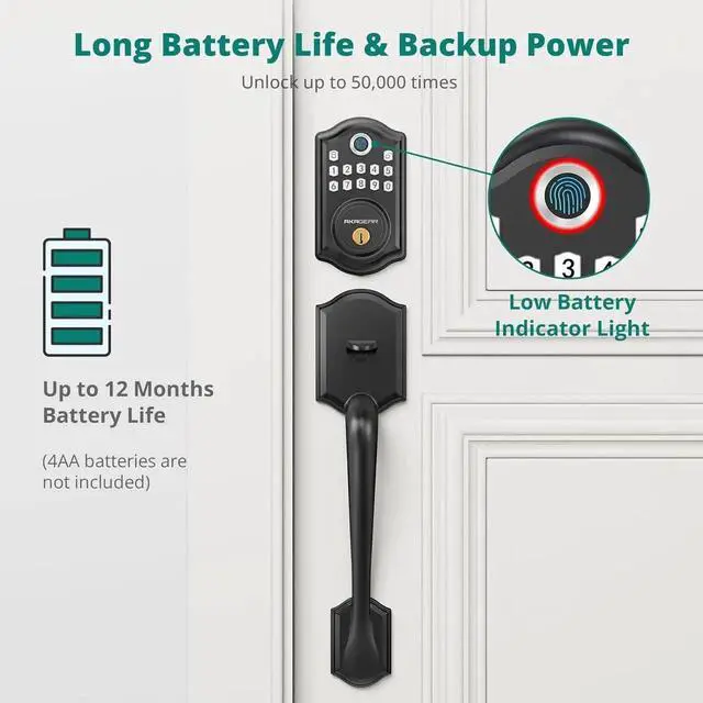 Alt view image 4 of 7 - DS10 Keyless Entry Door Locks - Keypad Lock with Handle Set, Fingerprint Deadbolt, Smart Locks for Front Doors, Auto-Lock & One Touch Locking, 2 Keys, Easy Installation - Matte ack