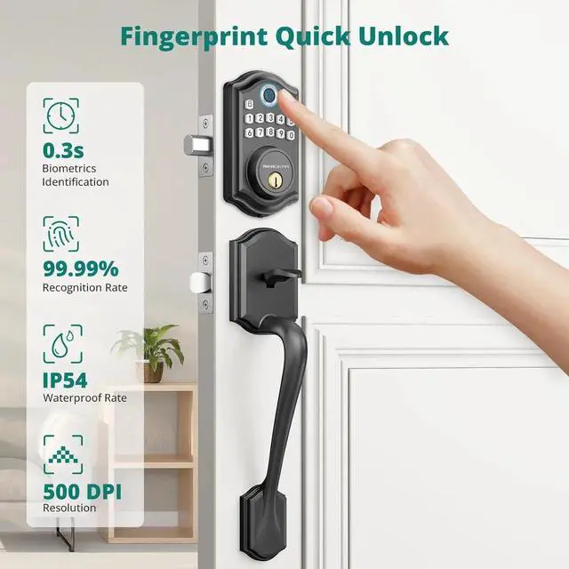 Alt view image 6 of 7 - DS10 Keyless Entry Door Locks - Keypad Lock with Handle Set, Fingerprint Deadbolt, Smart Locks for Front Doors, Auto-Lock & One Touch Locking, 2 Keys, Easy Installation - Matte ack